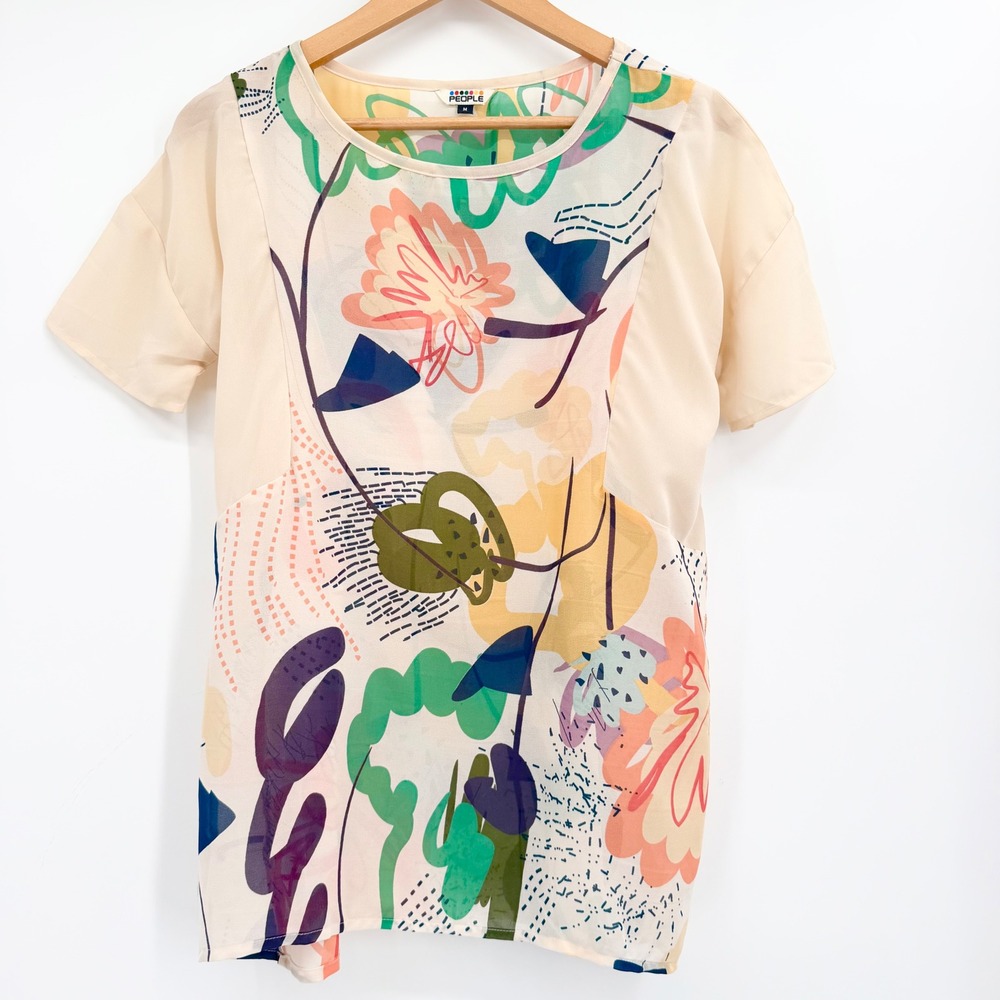 People Women's Medium Abstract Floral Chiffon Blouse Sheer Artsy Colorful Top